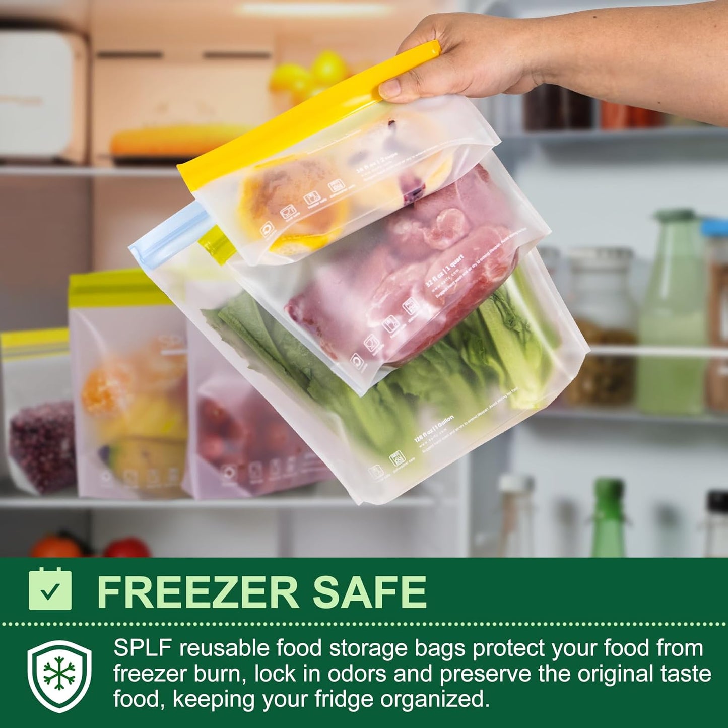 SPLF 6 Pack Stand-Up Reusable 2 Gallon Freezer Bags Dishwasher Safe, Reusable Freezer Bags 2 Gallon, Leakproof BPA Free Food Storage Bags for Marinate Meat, Veggies, Homemade Bread, Snack, Travel Item