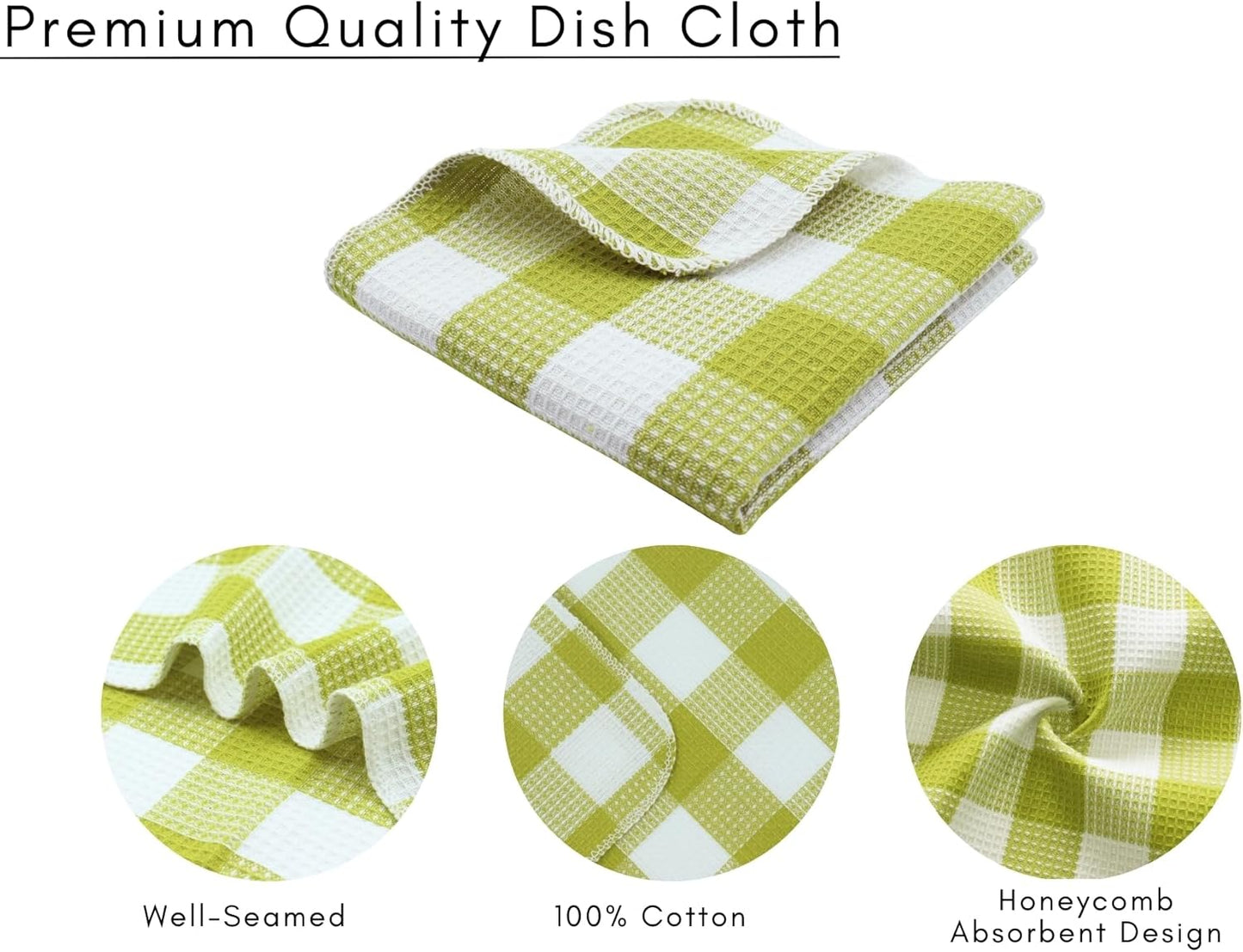 Waffle Weave Plaid Dish Cloths, 100% Cotton - 12 x 12 Inches, Ultra Soft Absorbent Quick Drying Dish Towels Buffalo Check Dish Rags for Kitchen, 8 Pack - Spring Summer - Light Green & White