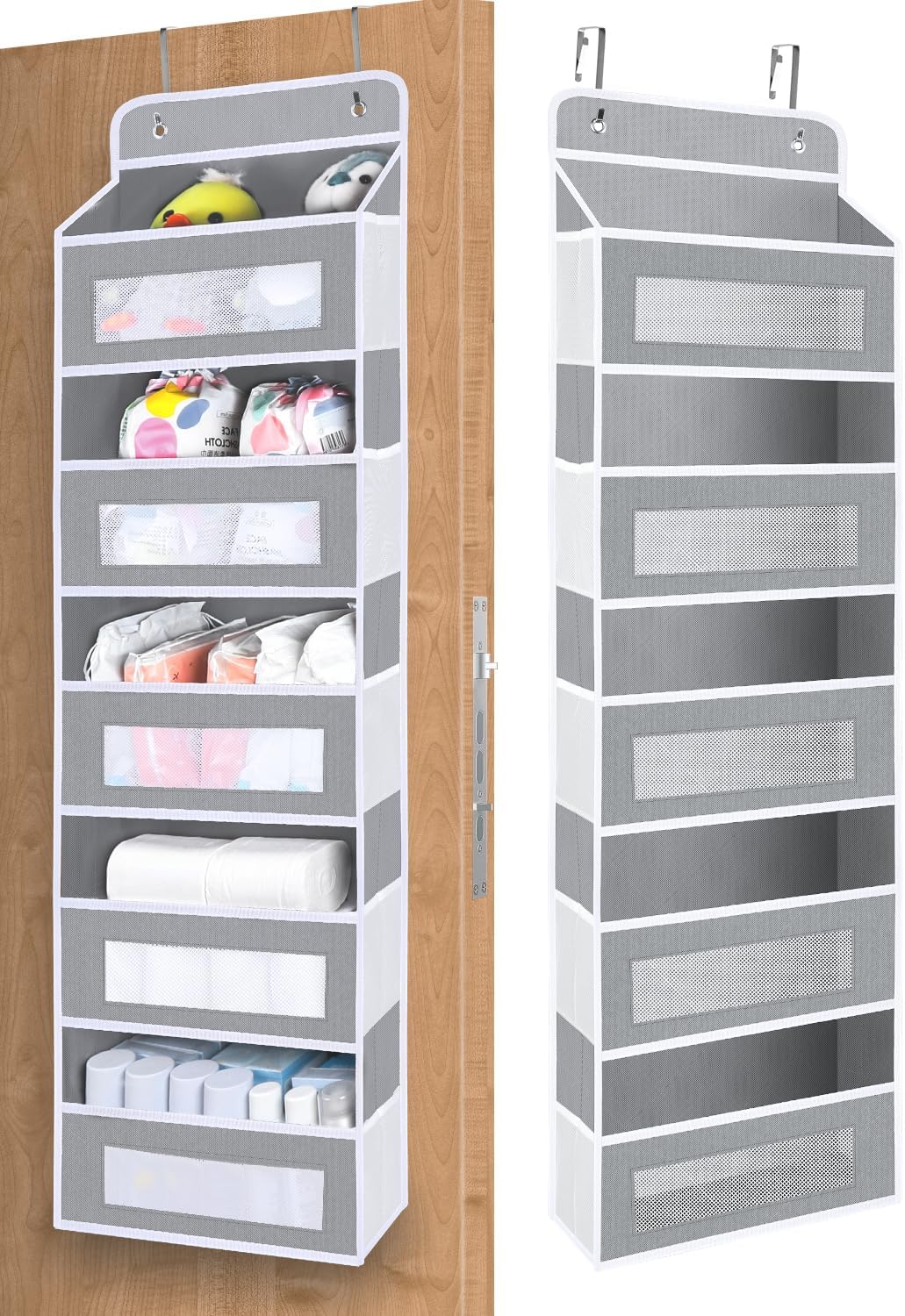 Over The Door Organizer Storage, 5 Shelf Hanging Door Organizer with 10 Large Capacity Pockets, Anti Tilt 44 lb Load Behind Door Storage for Bedroom, Bathroom, Pantry, Nursery, (Grey)