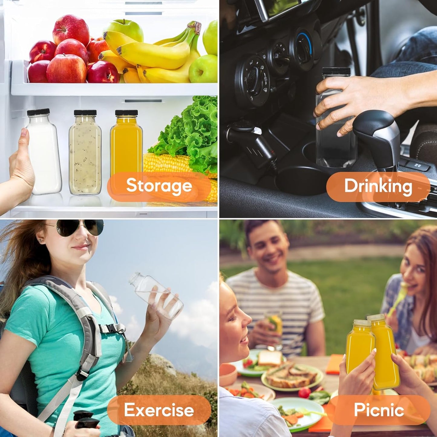 STARSIDE 12 oz Glass Juice Bottles with Lids 6 Pack - Square Reusable Drinking Jars for Juicing, Milk, Kombucha - Includes 1 Bottle Brush, 6 Colored Labels