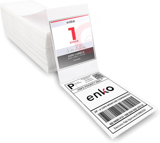 enKo 4x6 Thermal Fan Fold Labels Compatible for Rollo Printer - 1 Stack of 1000 4x6 Label Zebra Printer - Mailing Postal Label Paper, Perforated, Permanent Adhesive (2 Labels/Fold)