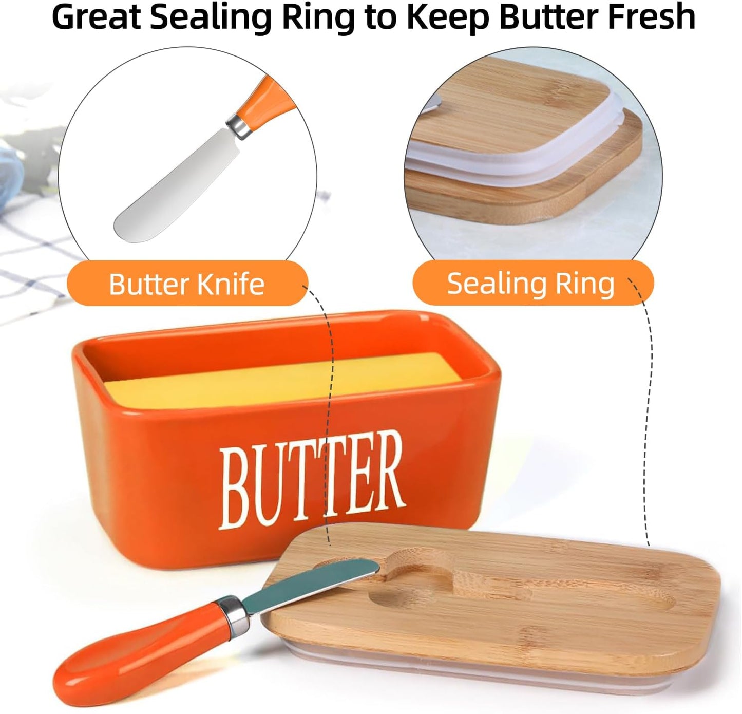 Ceramic Butter Dish with Wooden Lid, Large Butters Container Keeper Storage with Stainless Steel Knife Spreader, Bamboo Cover and Silicone Sealing Ring for West East Coast, Orange