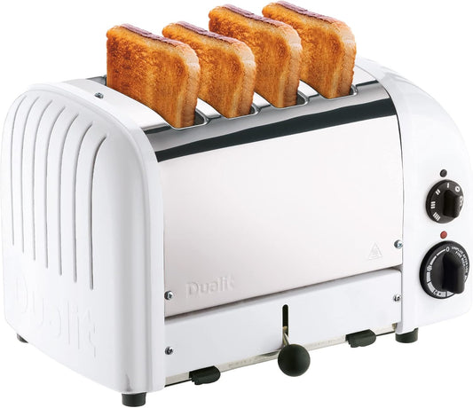 Dualit Classic 4 Slice NewGen Stainless Steel Toaster, White - Hand Built in the UK, Replaceable ProHeat® Elements – Slot Selector, Defrost Bread, Mechanical Timer-For Toast, Bagels & More