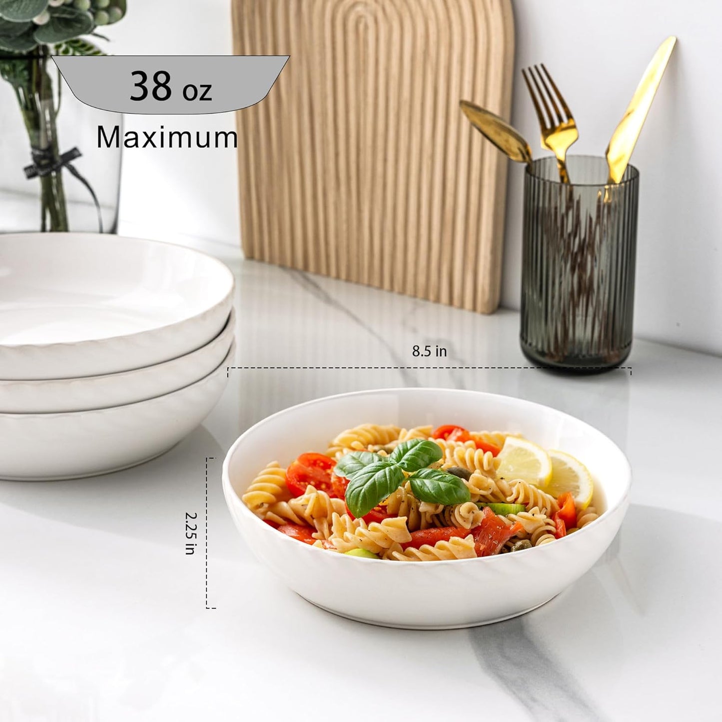 GBHOME 8.5'' Large Pasta Bowls, 38 Ounce Stoneware Salad Bowls for Kitchen, Ceramic Serving Bowls With Textured Pattern for Pasta,Fruit, Stews,Noodle, House-warming Gift,Set of 4