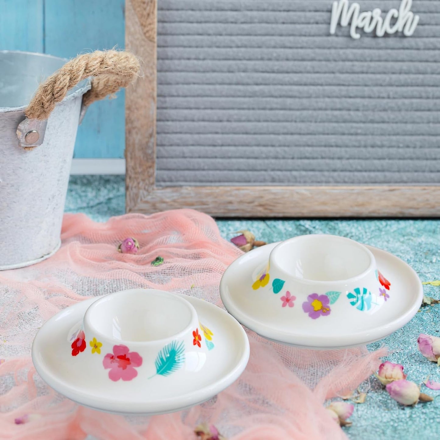 Cinf Ceramic Egg Holder Hawaii Flower Set of 2 Porcelain Holder Breakfast Boiled Cooking Easy to Clean Childhood Memories Kitchen