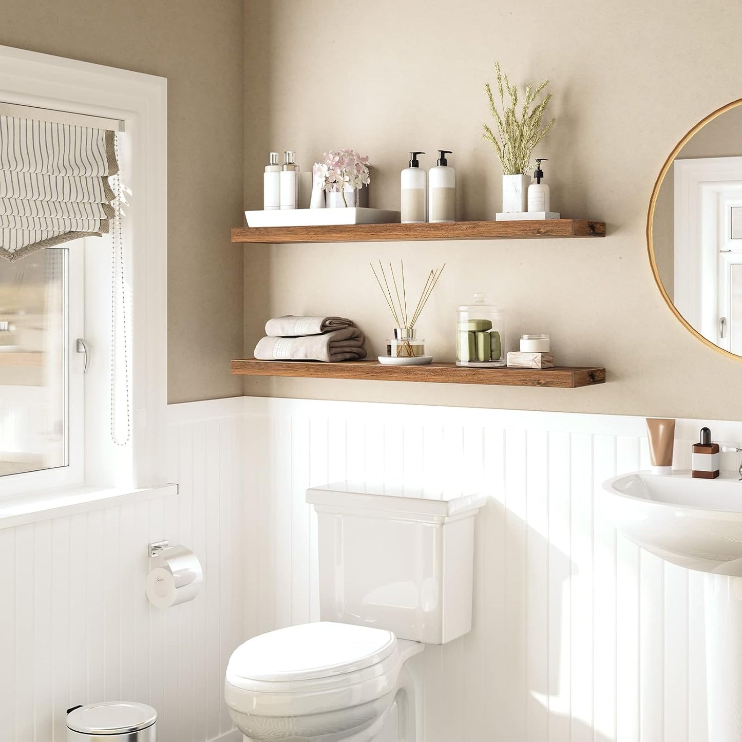 HOOBRO Floating Shelves for Wall, Wall Mounted Shelf Set of 2, 39.4" Hanging Shelf with Invisible Brackets, for Wall Bathroom, Bedroom, Toilet, Kitchen, Livingroom, Office, Rustic Brown BF100BJP201G2