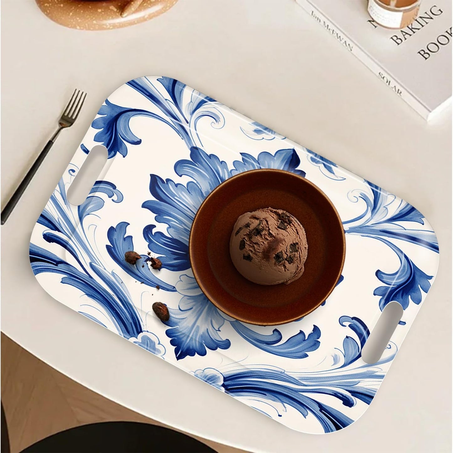 Serving Trays with Handles, 14.5 x 9.8 inch Rectangular Plastic Tray for Restaurant, Kitchen, Blue and White Pattern