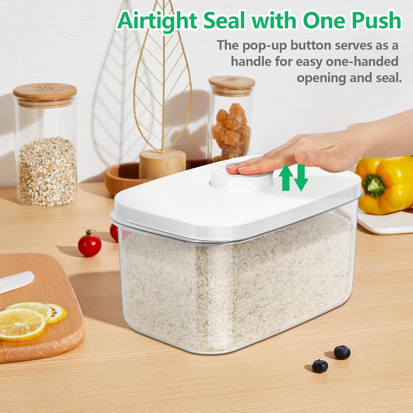 Airtight Flour Container 12 Lbs, Clear PET Plastic Food Storage Container Bin with Pop Up Lids For Rice Flour Sugar, Dry Food Holder for Kitchen Pantry Organization and Storage