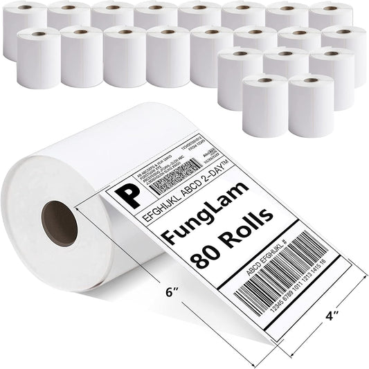 FungLam 80 Rolls 4x6 Direct Thermal Shipping Labels, 250 Labels Per Roll, 1" Core, Perforated, White Mailing Postage Shipping Label Compatible with Zebra 2844 ZP-450 ZP-500 ZP-505