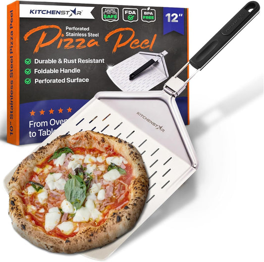 KitchenStar Perforated Pizza Peel 12 inch with 10 inch Folding Handle, Medium - Stainless Steel Spatula Paddle for Effortless Pizza Transfer & Easy Storrage - Outdoor Pizza Oven Accessories