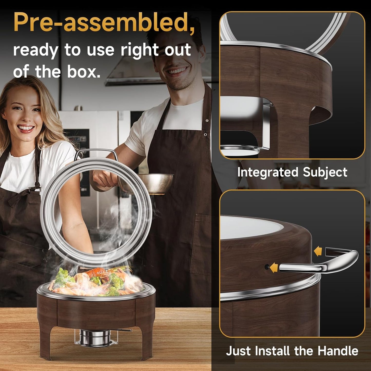 Chafing Dishes for Buffet, 6QT Round Stainless Steel Chafing Dish with Transparent Hydraulic Lid, 304 Food Pan, Buffet Warmer for Parties and Events (Wood Color)