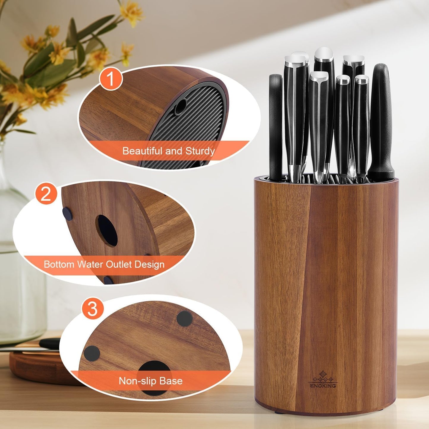 Enoking Universal Knife Block Holder with Plastic Lid, Acacia Wood Knife Block without Knives for Scissors, Sharpening Rod and Knives, Round Knife Storage Organizer Display