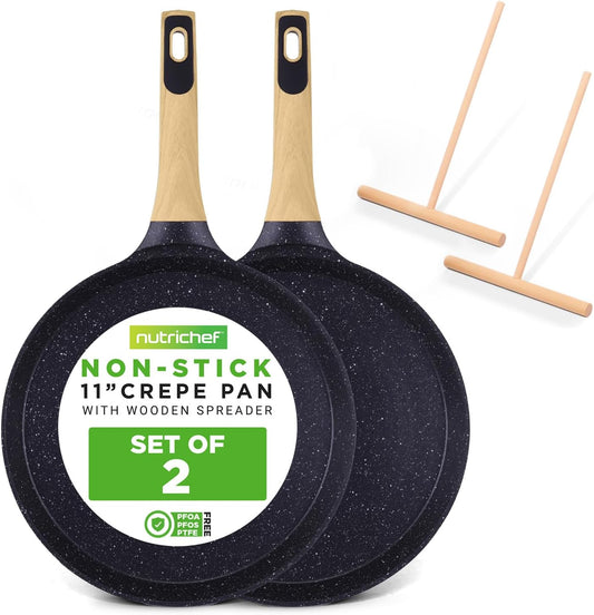 Nutrichef 2-Pack Non-Stick Crepe Pan Set – 11” Marble Coated Dosa Pans with Wooden Spreaders, Bakelite and Wood Handles, Induction-Compatible, Easy-to-Clean, Stain-Resistant (Black Marble)