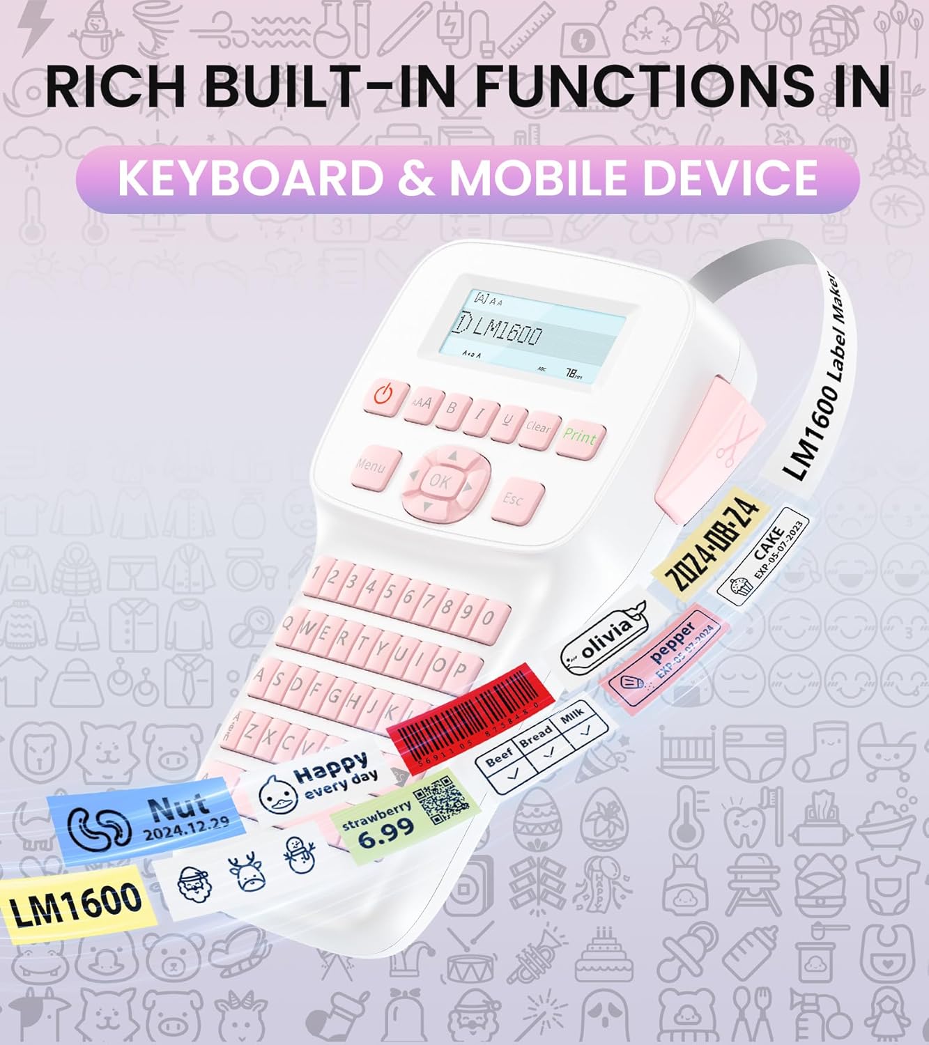 Pink Label Maker Machine with-Tape, Rechargeable Label Maker with Keyboard, Bluetooth Labeler Machine LM1600, Backlit Display, Multiple Symbol Icon Style Templates for Home Office Use
