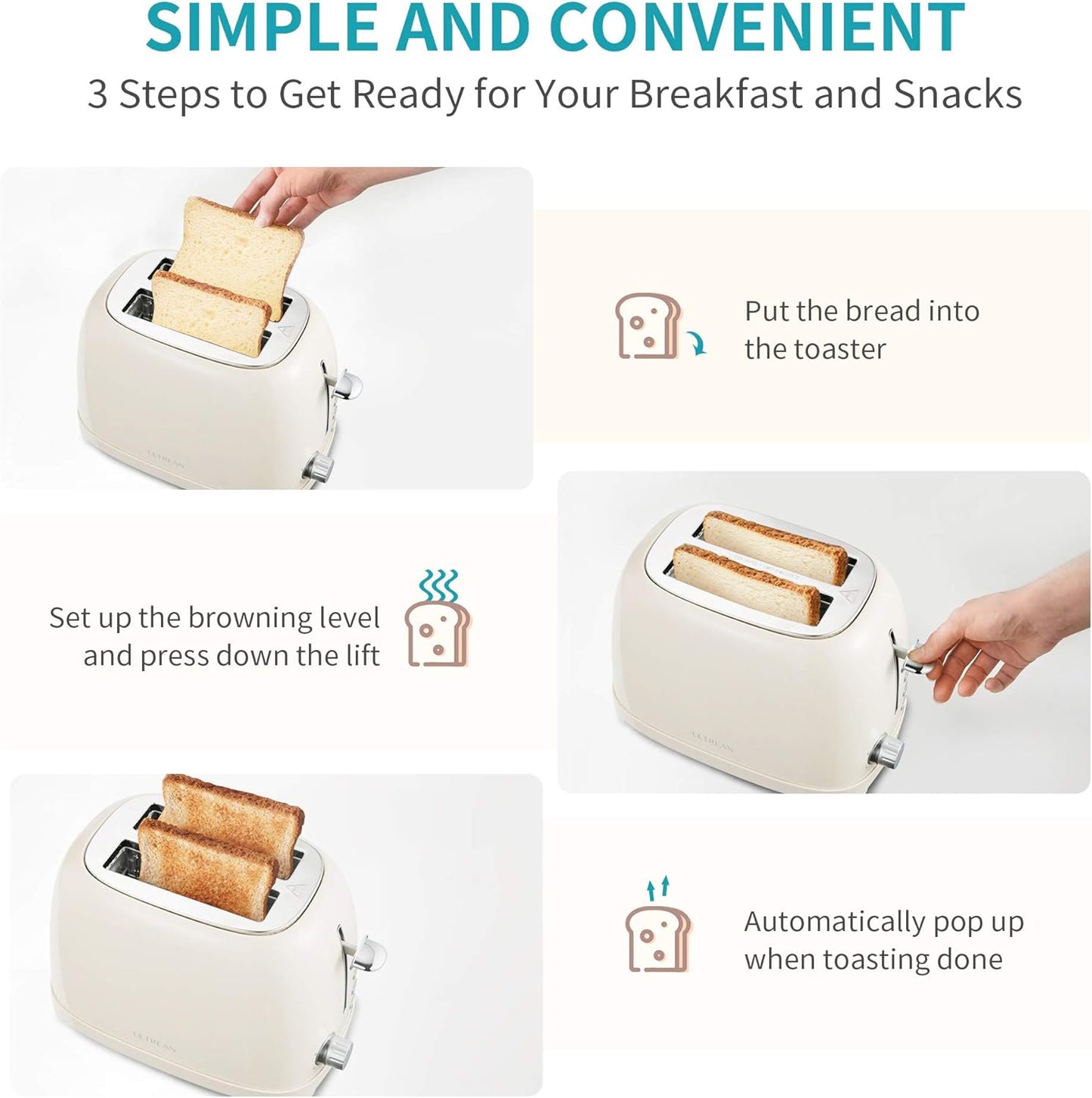 Ultrean Toaster 2 Slice with Extra-Wide Slot for Toasting Bagels, Breads, Waffles & More, Stainless Steel Material with Removable Crumb Tray, 6 Browning Settings
