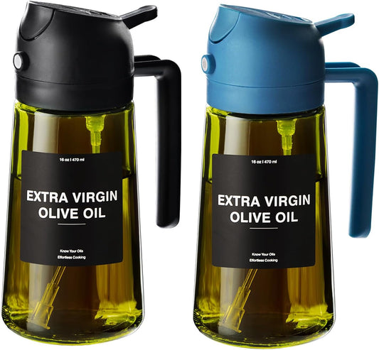 CXINYI - 16oz/470ml Olive Oil Dispenser for Kitchen with Stickers - 2 in 1 Olive Oil Sprayer for Cooking, Air Fryer, and Salad, Black&Blue (Light-Proof Kitchen Gadget)