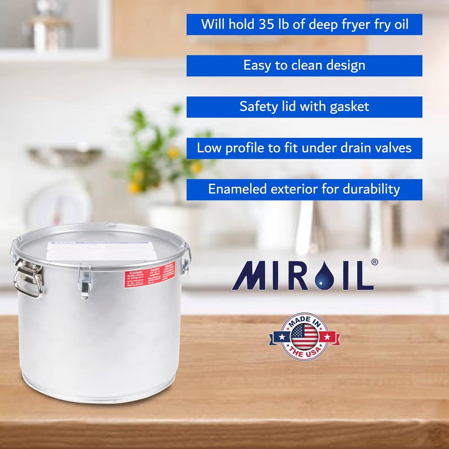 MirOil 5 Gallon Oil Grease Bucket & Filter Pot, USA Made Deep Fryer Grease Bucket Pot with Lid Lock & Lock Clip, 35Lb. Low Profile Container To Fit Under Drain Valves, Filtering Hot Cooking Oil - 40L