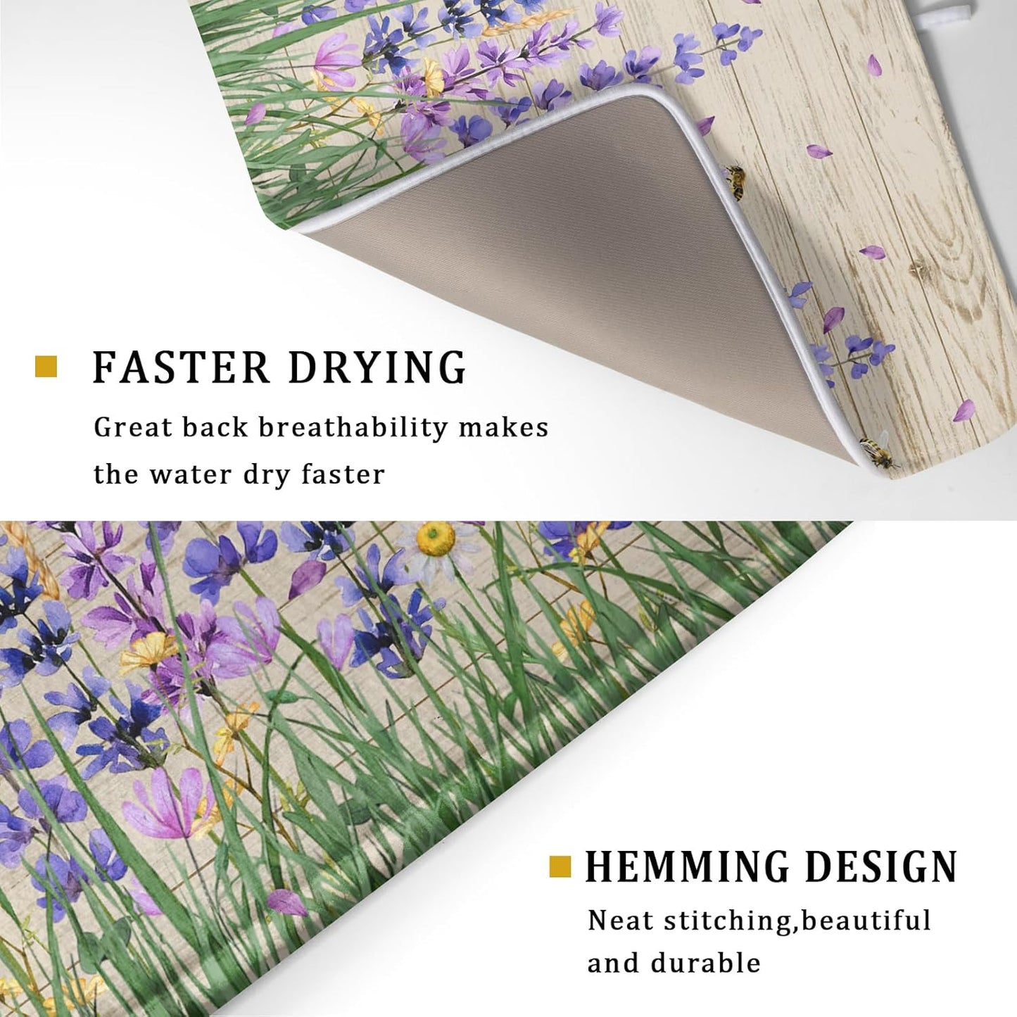 Lavender Floral Dish Drying Mat 18x24 inch Spring Summer Flower Decorative Fast Dry Dishes Drainer Mats Reversible Washable Dish Rack Pad