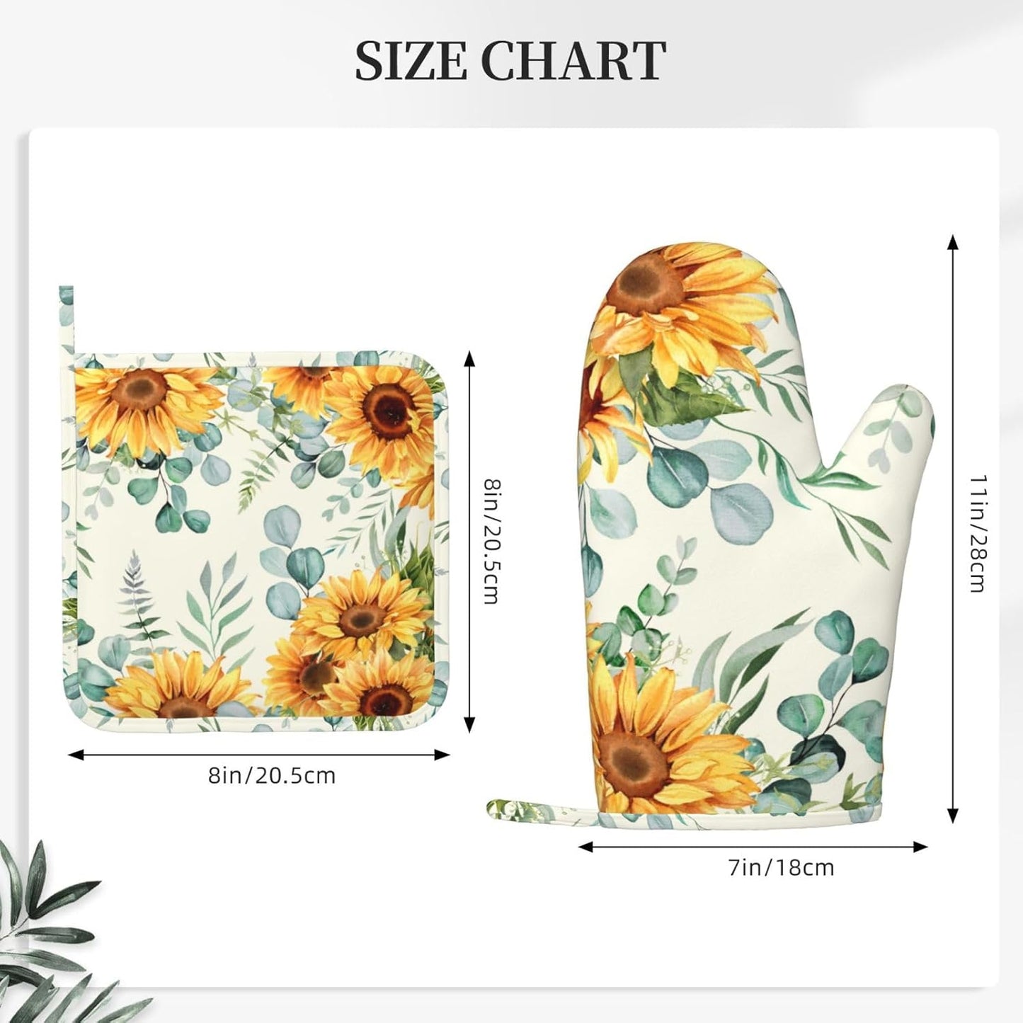 Sunflower Eucalyptus Oven Mitts Pot Holders Set Silicone Heat Resistant Summer Yellow Green Leaves Flowers Oven Mitts and Hot Pads Potholders Non-Slip Oven Gloves for Cooking Baking Grilling