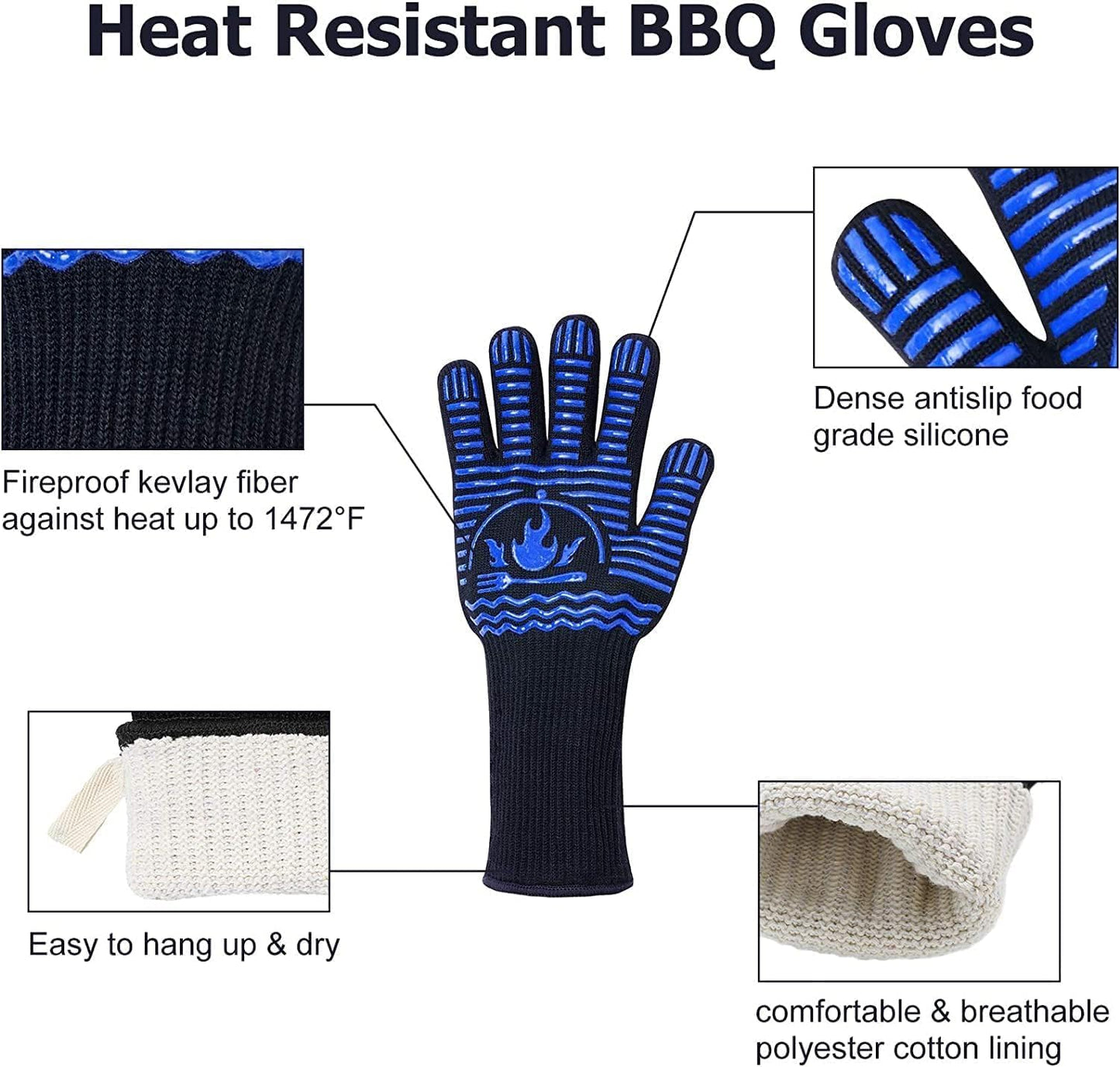 BBQ Gloves, 1472°F Extreme Heat Resistant Grill Gloves, Non-Slip Food Grade Silicone Oven Mitts Gloves for Kitchen, Cooking, Barbecue, Baking, Smoker (14inch)