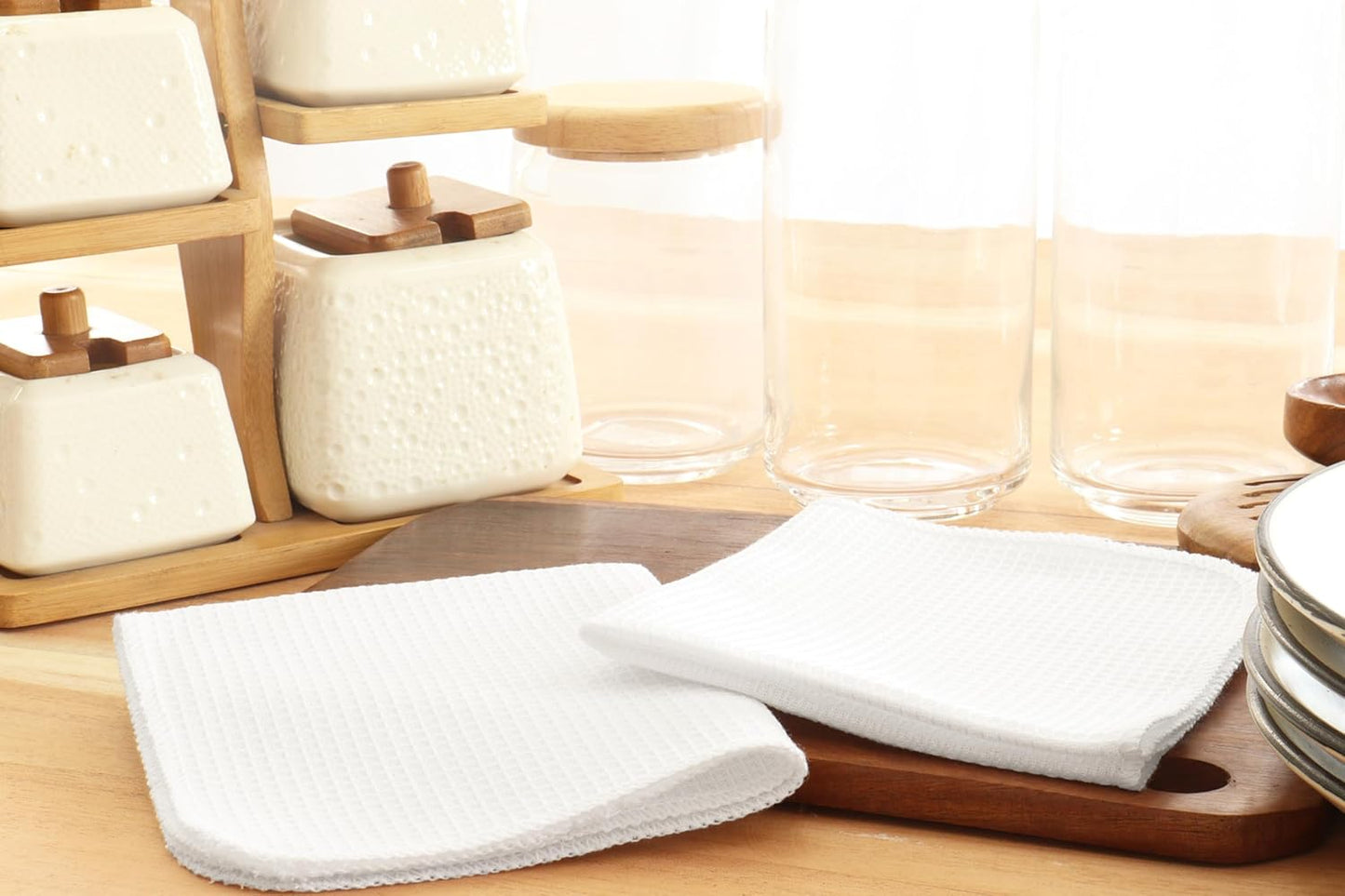 PurpleEssences Dish Cloths and Dish Rags - 6 Pack Waffle Weave Solid Kitchen Dish Wash Cloths, 100% Cotton, 12 x 12 Inches, Ultra Soft Absorbent Quick Drying - Spring Summer - White