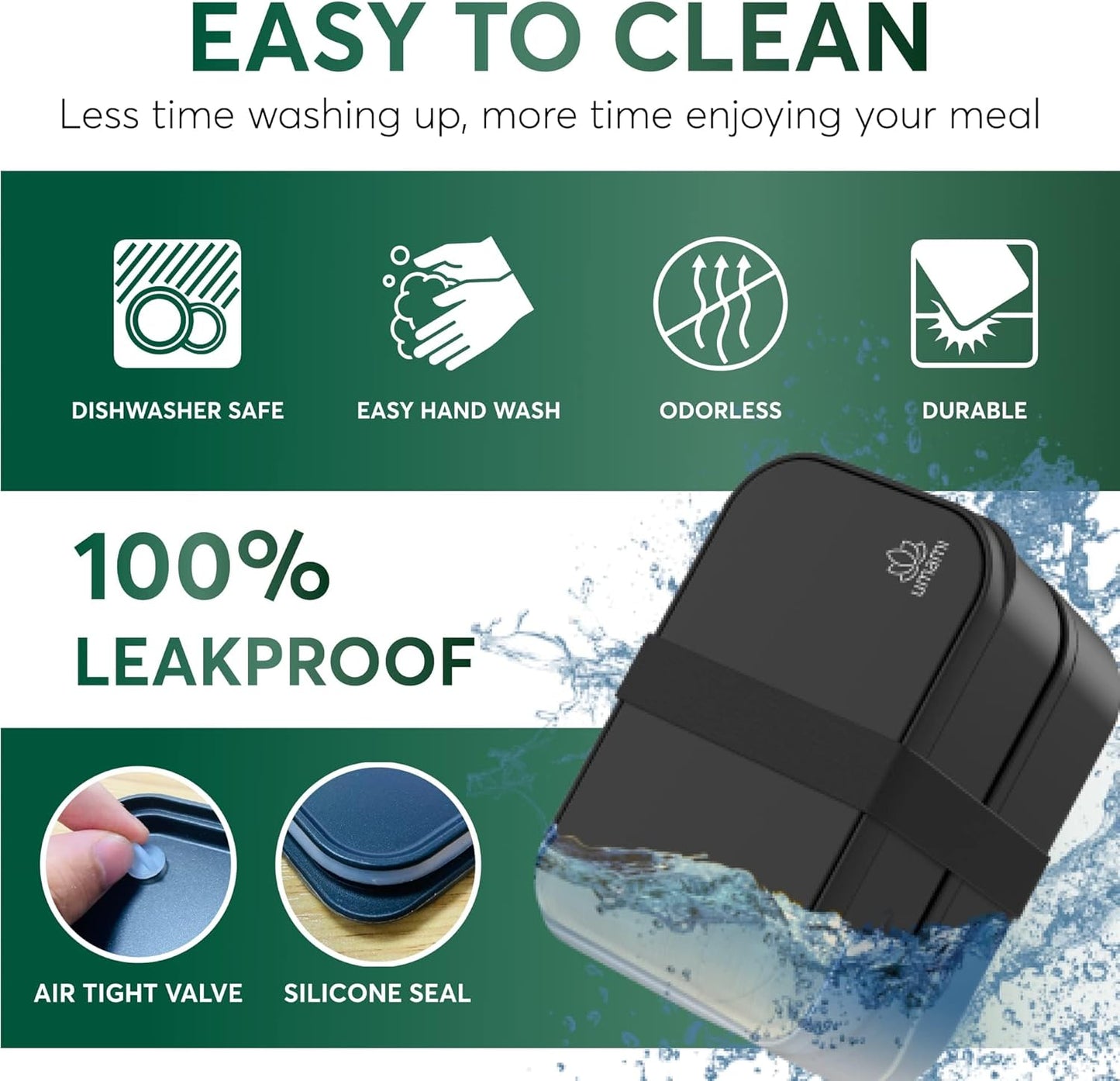 Umami Bento Box Adult All-In-1 w/4 Utensils, 2 Sauce Jars 2 Dividers,100% Leakproof, Microwave & Dishwasher Safe Stackable Bento Lunch Box Containers for Men/Women, Black, 68 oz