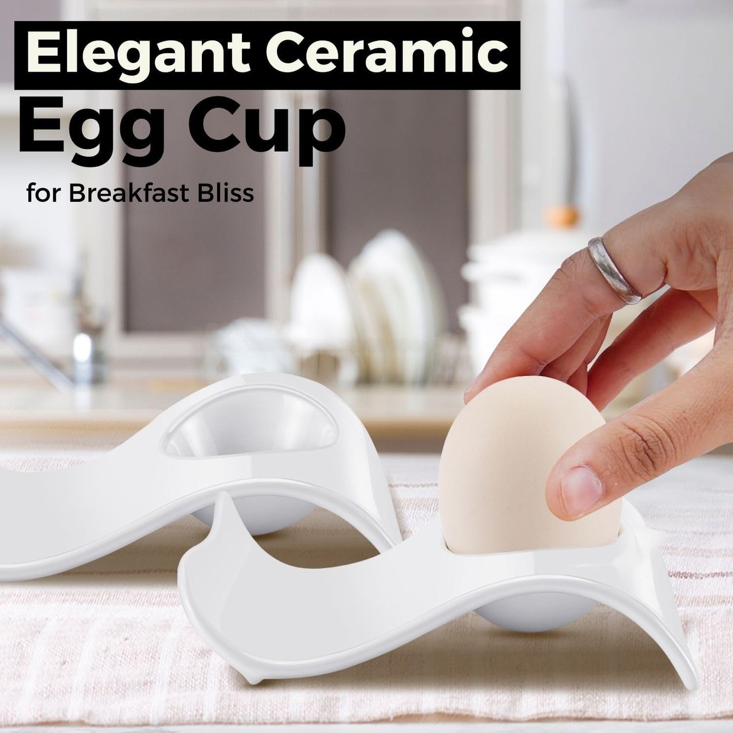 Flexzion Ceramic Egg Holder Cup - 6-Piece Hard Boiled Egg Holder & Soft Boiled Egg Holder Set, White Coddled Egg Cup, Stable & Stackable Modern Wave Style Egg Serving Dish with Base