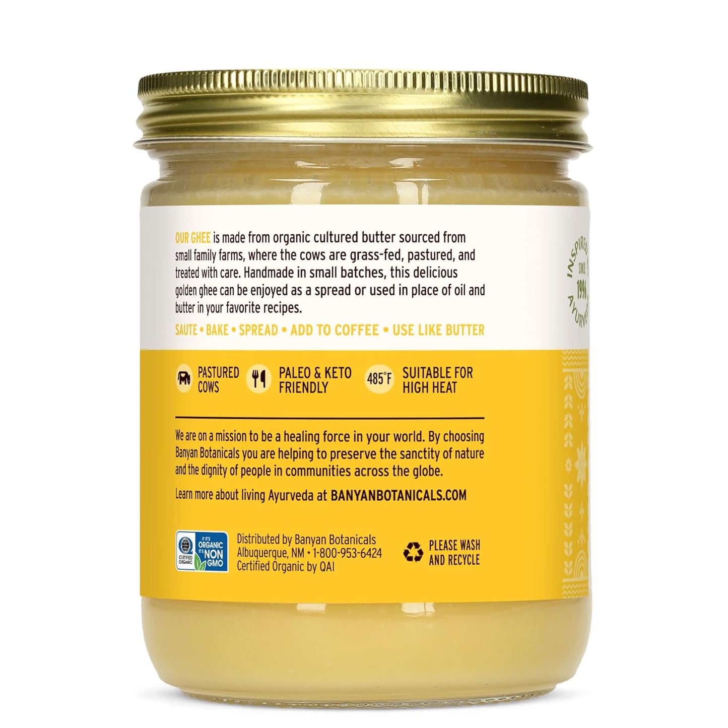 Banyan Botanicals Grass-Fed Ghee – Original Cultured Organic Ghee (Clarified Butter) – Tasty Oil & Butter Alternative for Cooking & Baking – 13.4 oz – Non-GMO Gluten Free Vegetarian