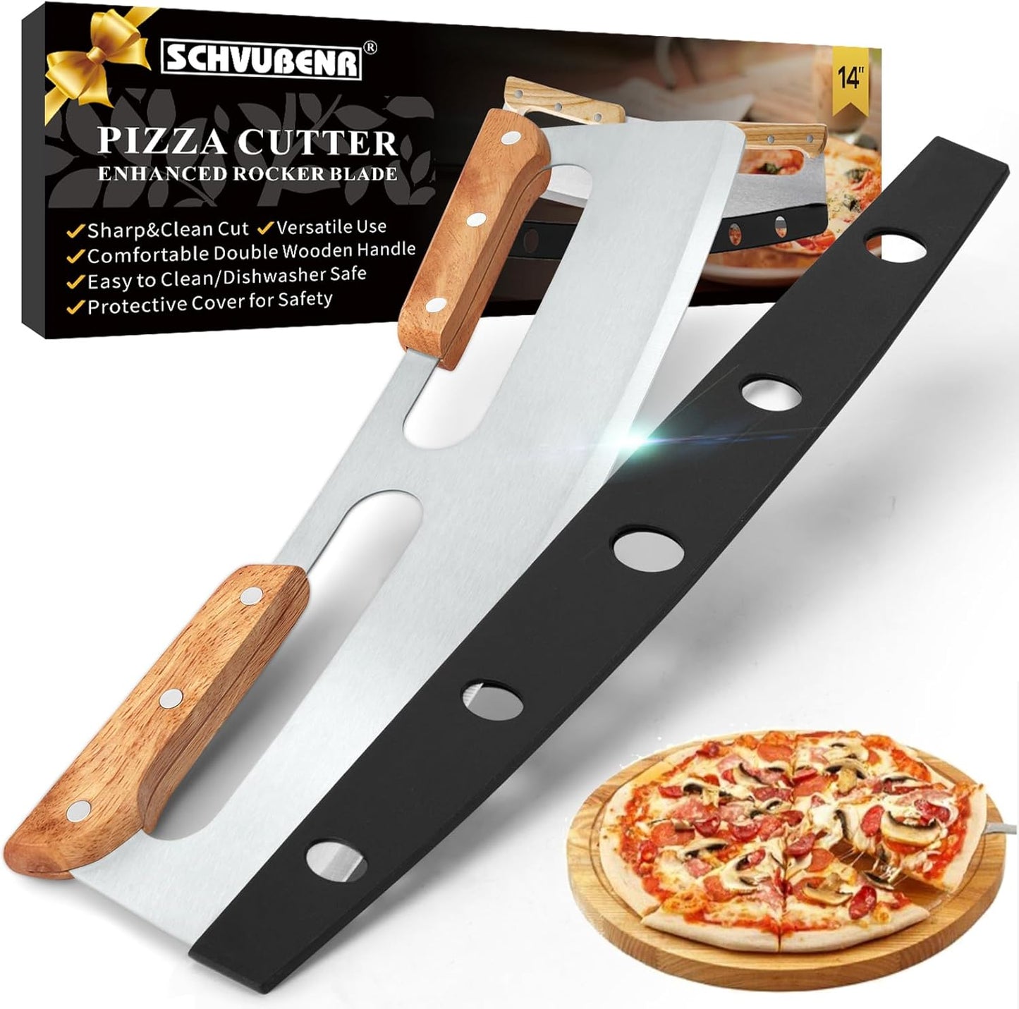 SCHVUBENR 14'' Pizza Cutter Rocker with Large Cover - Sharp Stainless Steel Pizza Slicer with Wooden Handles - Large Pizza Knife Cutter Wheel - Easy to Use & Clean - Slice Pizza with Ease