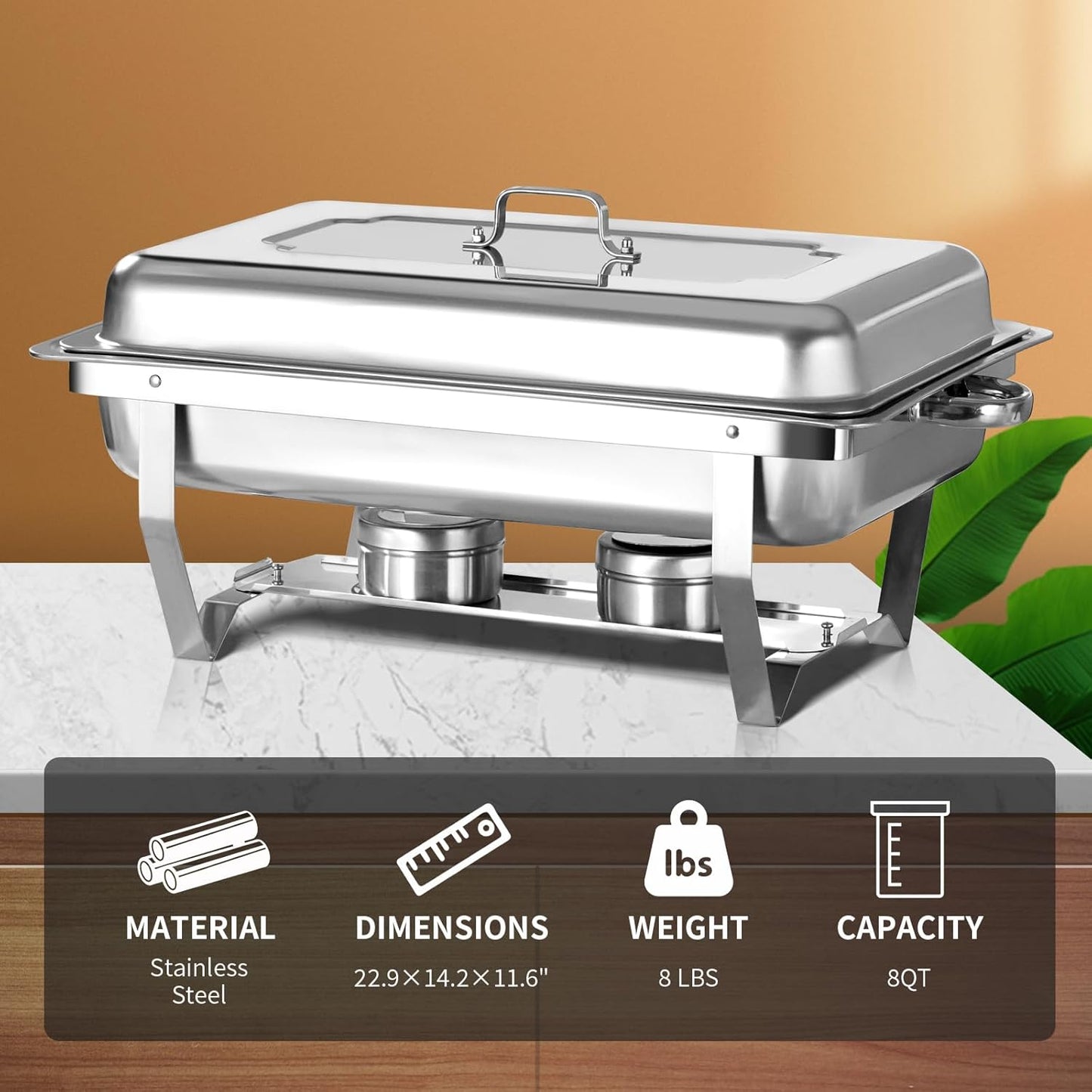 8 Qt 2 Pack Full Size Stainless Steel Chafing Dishes Buffet Set, Silver Rectangular Catering Chafer Warmer Set with Trays Pan Lid Folding Frame Stand for Kitchen Party Banquet Dining