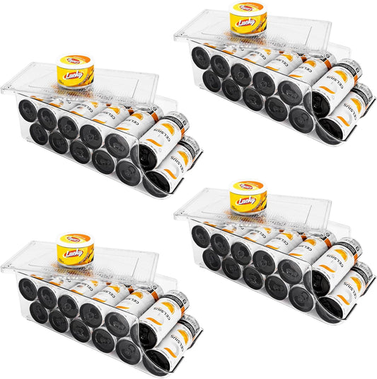 4 Pack Skinny Can Organizer for Refrigerator, Stackable Tall Skinny Soda Pop Can Holder Dispenser with Lid for Fridge Pantry Rack Freezer, Clear Plastic Storage Bins-Holds 12 Slim Cans Each