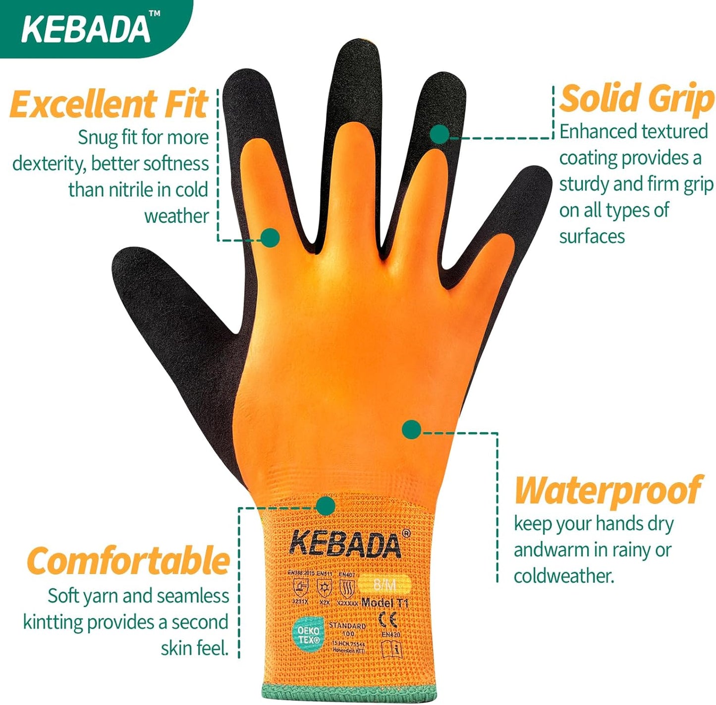 Kebada T1 3 Pairs Waterproof Winter Work Gloves for Men and Women, Warm Work Gloves for Cold Weather, Thermal Insulated Freezer Gloves, 100% Latex Coating & Super Grip, Unisex, Small