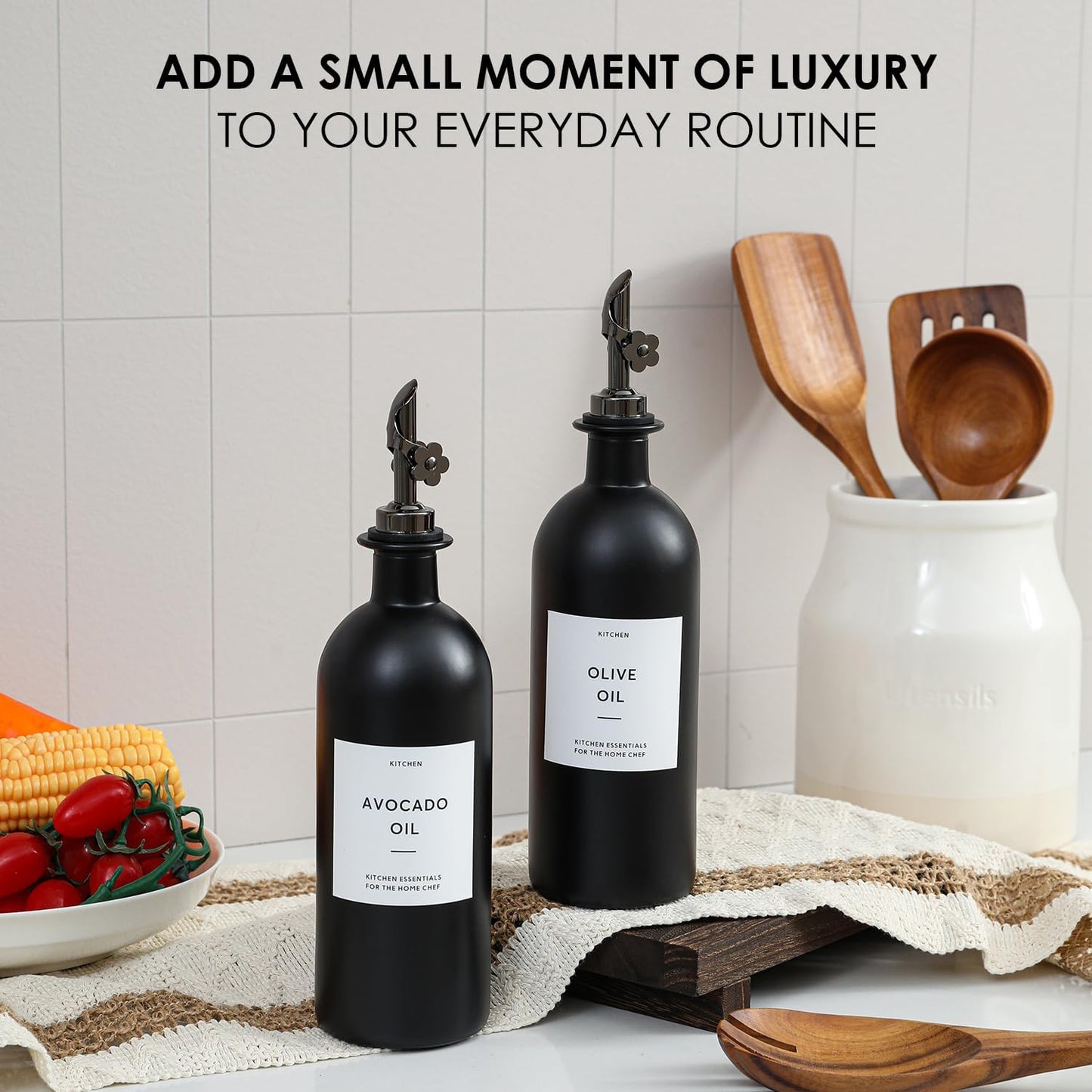 HOMCDALY Olive Oil Dispenser for Kitchen, 16oz Glass Oil Bottles with Bamboo Tray, Black Oil&Vinegar Cruet Set, Kitchen Dispenser Bottles with Pourer | Set of 2 (16oz – Black)