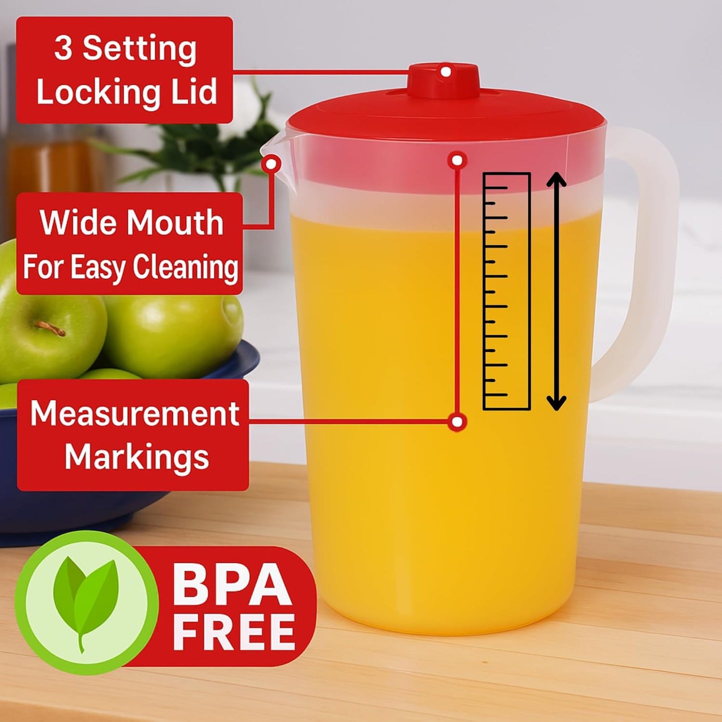 Water Pitcher with Lid 1 Gallon Pitcher, Freezer/Dishwasher Safe, BPA Free & Phthalate Free - Red