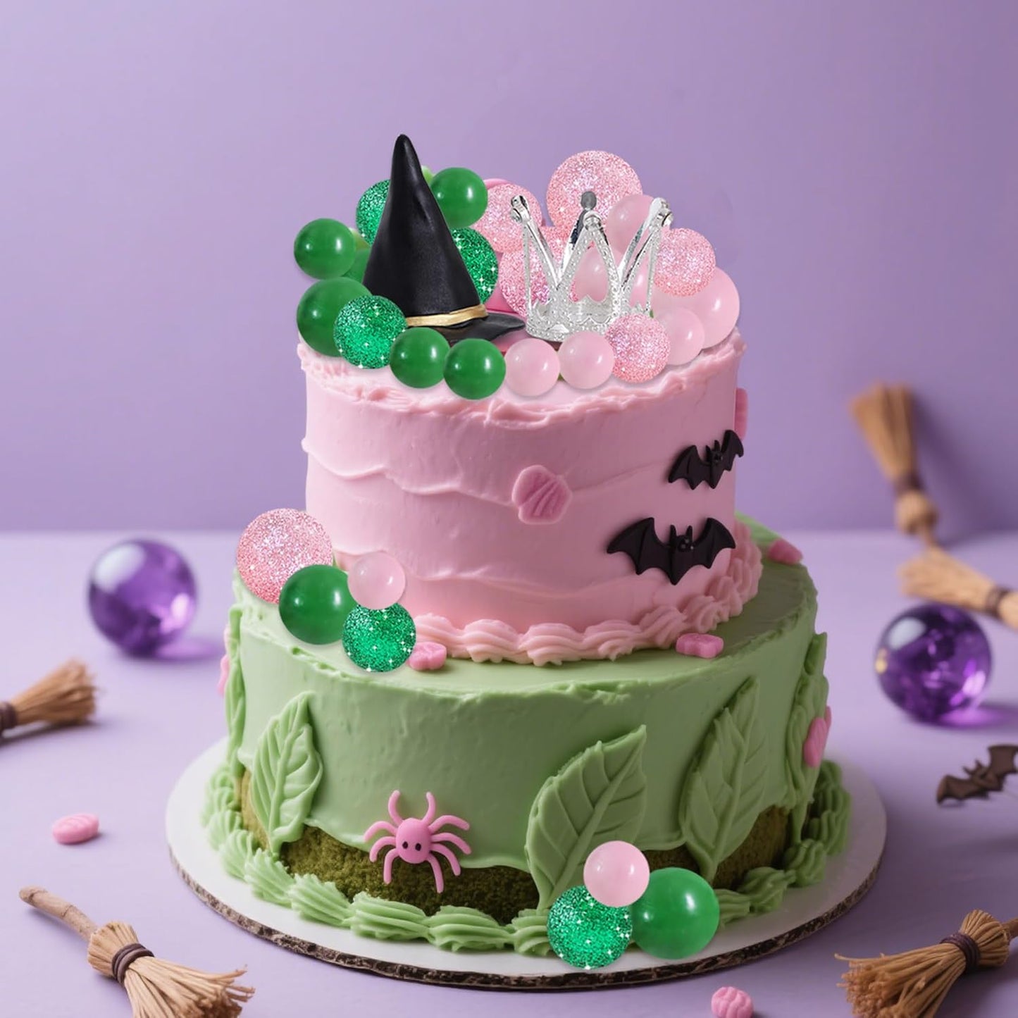 BEISHIDA 42 pcs Foam Ball Cake Toppers with Witch Hat and Crown Decorations Cake Decorations for Witch Theme Party Decor Pink and Green Decorations Supplies