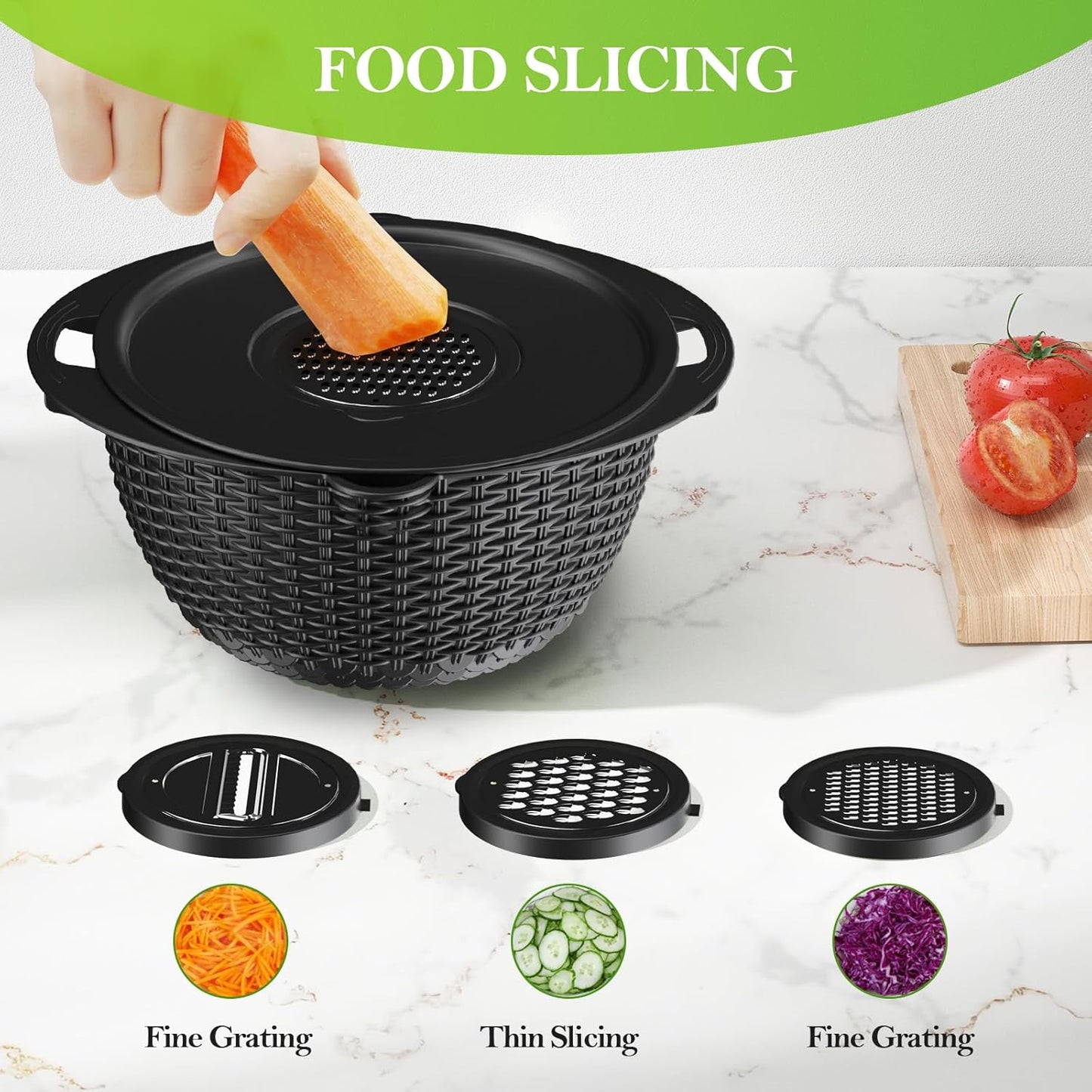 4-1 Colander with Bowl Set - Colander for Kitchen - Strainers and Colanders - Pasta Strainer - Funny Presents for Women - Rice Strainer Fruit Cleaner Veggie Wash Kitchen Gadgets Essentials, Black