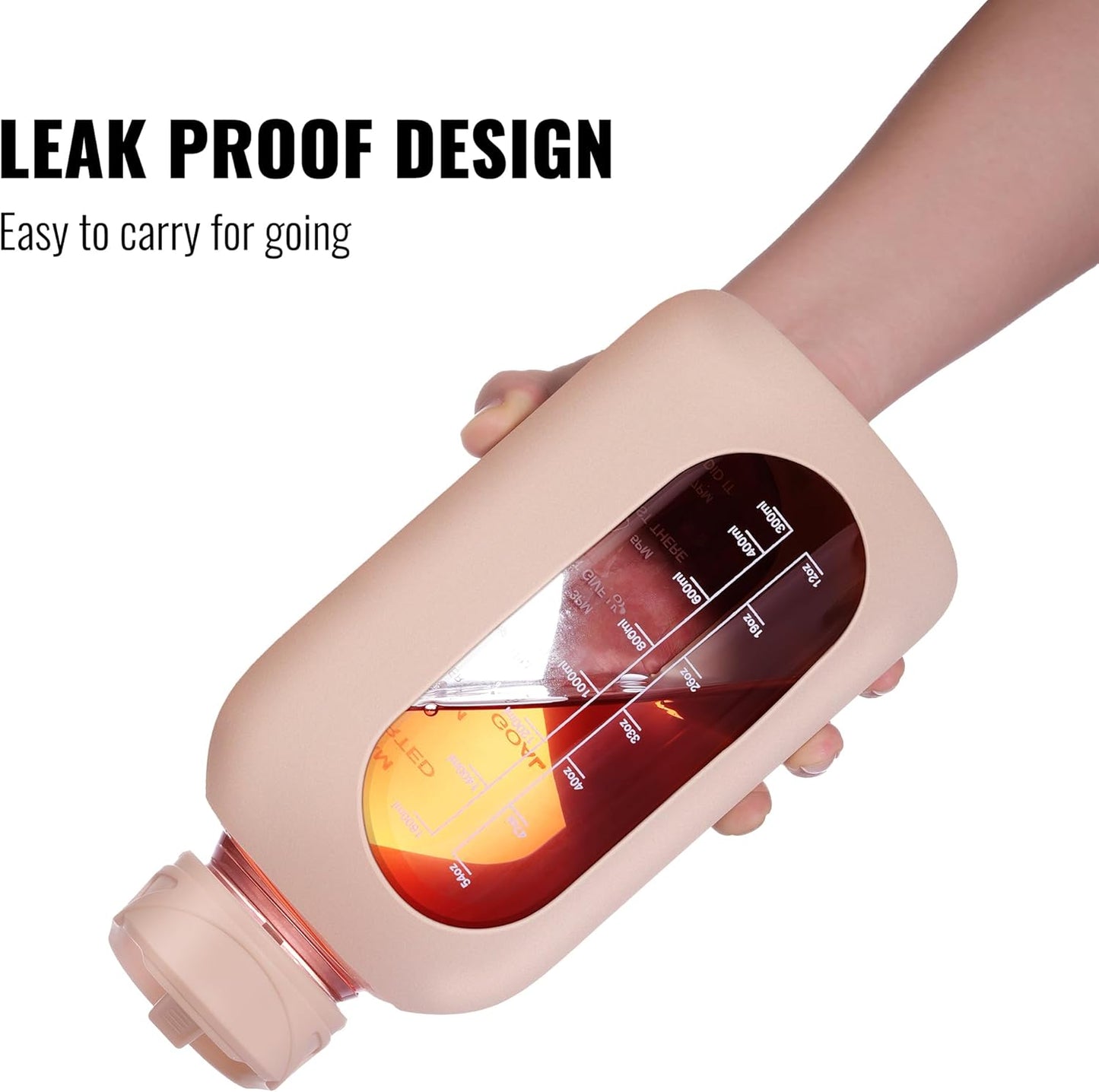 CIVAGO 64 oz Glass Water Bottle Jug with Straw and Handle, Half Gallon Sports Motivational Bottle with Time Marker and 2 Lids, Large Flask Canteen with Silicone Sleeve for Gym, Beige