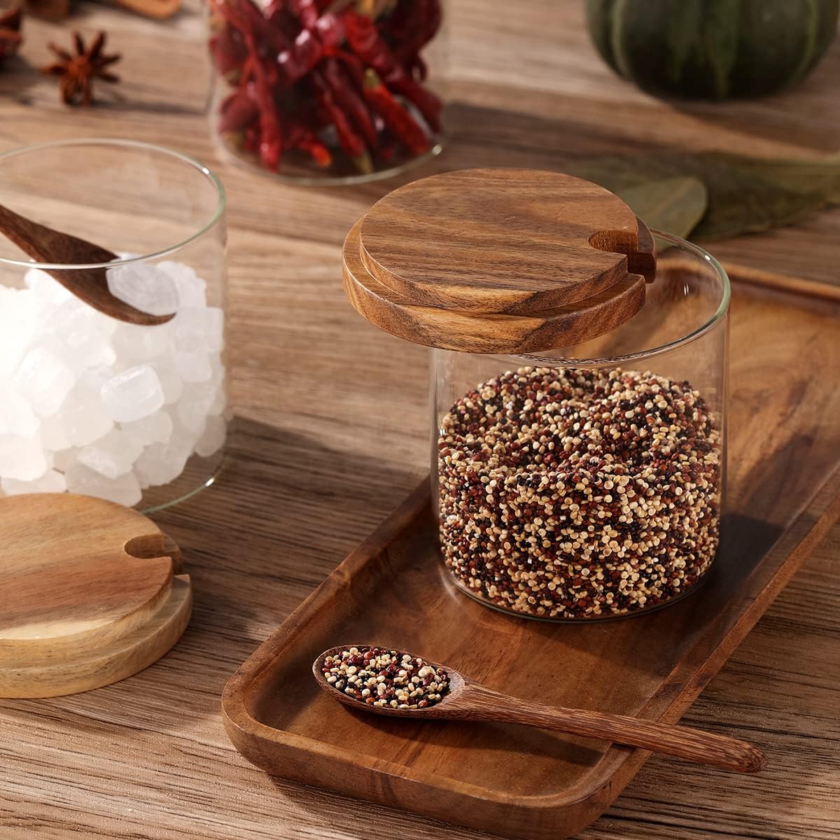 3 Pack 250ml / 8.5oz Clear Glass Spice Jar with Acacia Wooden Lid and Spoon, Classic Style, Kitchen Storage Container, 3.2 inches (diameter) x 3.5 inches (height)