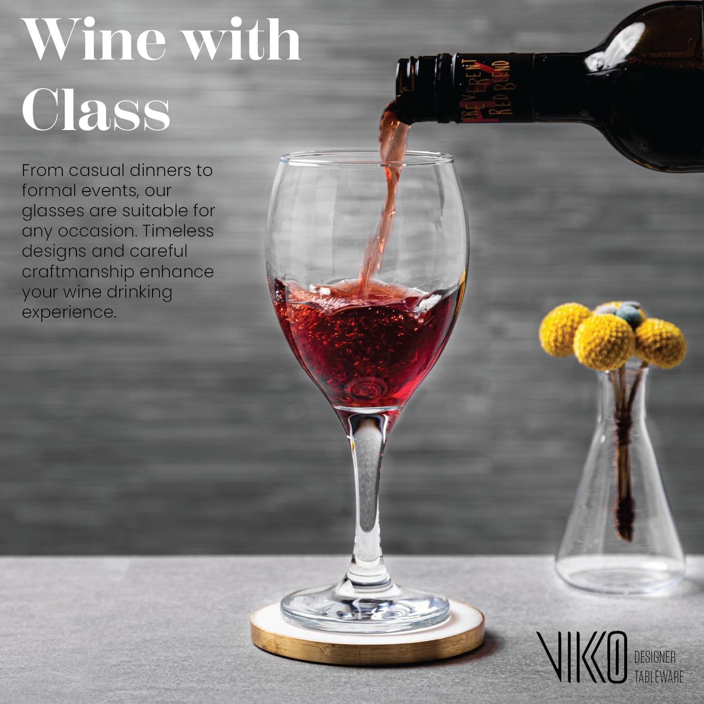 Vikko Wine Glasses, 15 Ounce Stemmed Set of 6 for Red and White, Thick and Durable Clear Glass