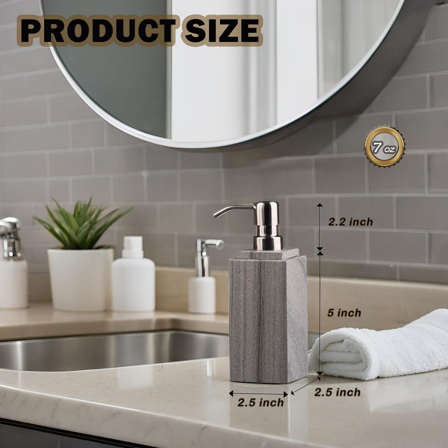 Hand Liquid&Lotion Soap Dispenser Pump Bottle Natural Marble for Kitchen Bathroom Countertop Laundry Room Holds Dish Soap Shampoo Laundry Liquid Shower Gel (Grey Sand)