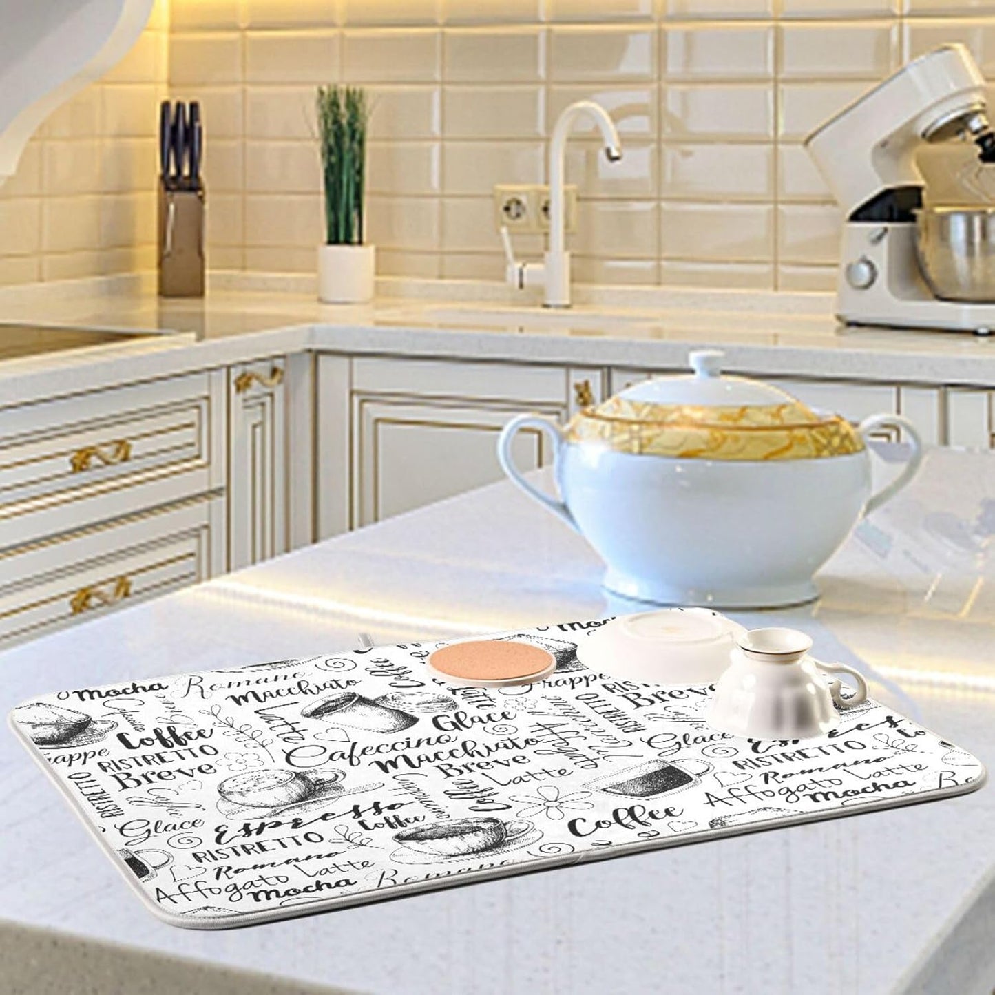 Coffee Cups Print Dish Drying Mat for Kitchen Counter Absorbent Microfiber Drying Pad, Medium 16x18 in, Reversible Drainer Mats