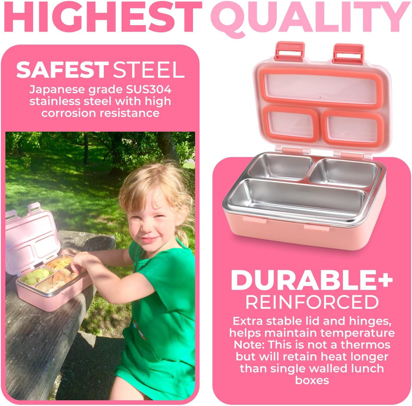 Stainless Steel Lunch Box for Baby Toddlers Girls, Mini Bento, 3 Eco Metal Portion Sections Leakproof Lid, Pre-School Daycare Lunches, Toddler Kids Spill-Proof Snack Container, 18 oz/550 mL Pink
