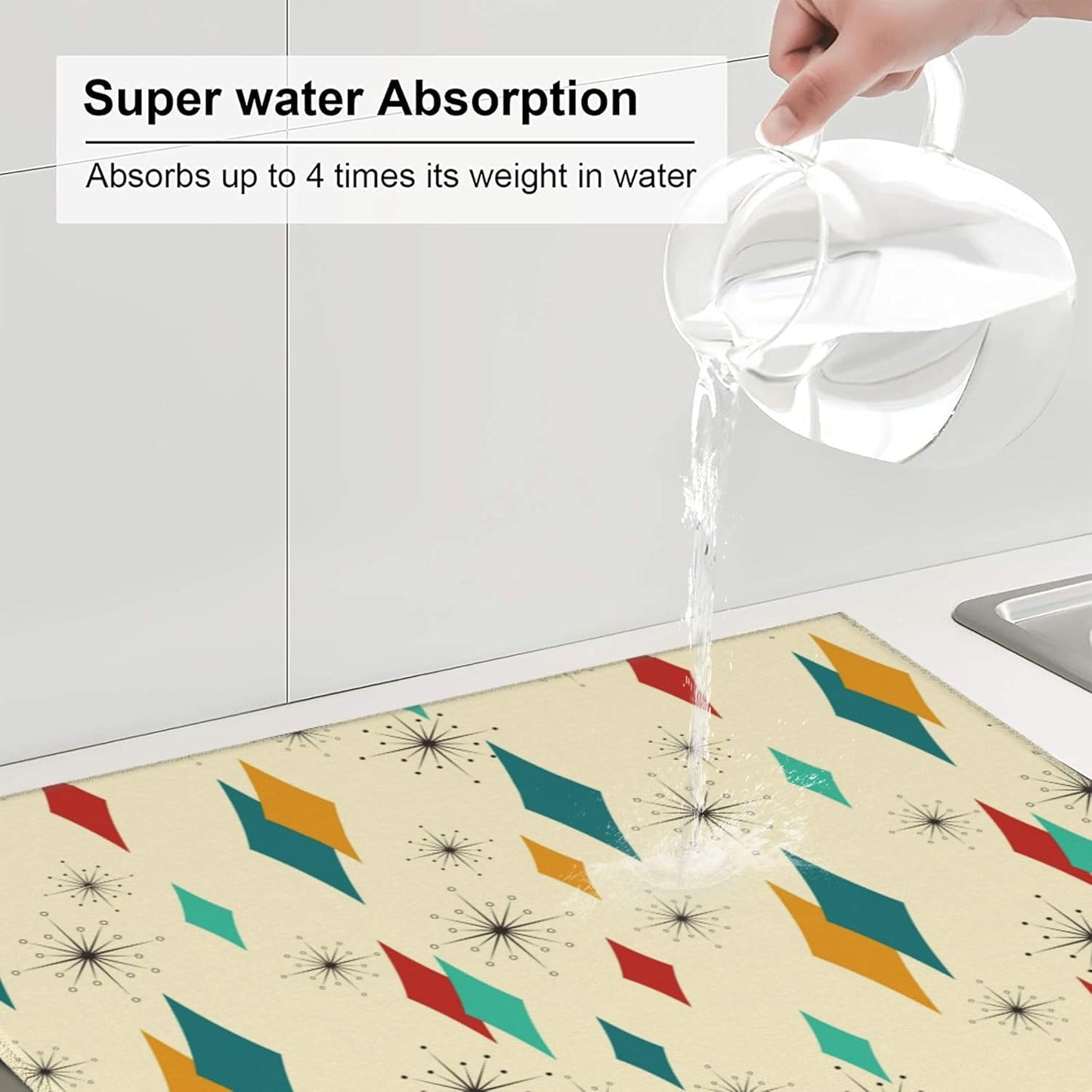 Mid Century Modern Dish Drying Mat for Kitchen Counter Atomic Retro Dish Drainer Rack Mats 16"x18" Absorbent Reversible Yellow Drying Pad