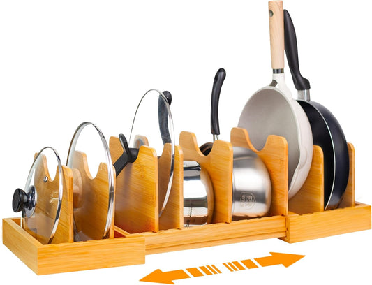 MinBoo Bamboo Expandable Pot Lid Organizer Pot Lid Holder, Pot and Pan Organizer Drawer Organizer for Pot Lids, Adjustable Dividers for Kitchen Cabinet Organizers and Storage,Large