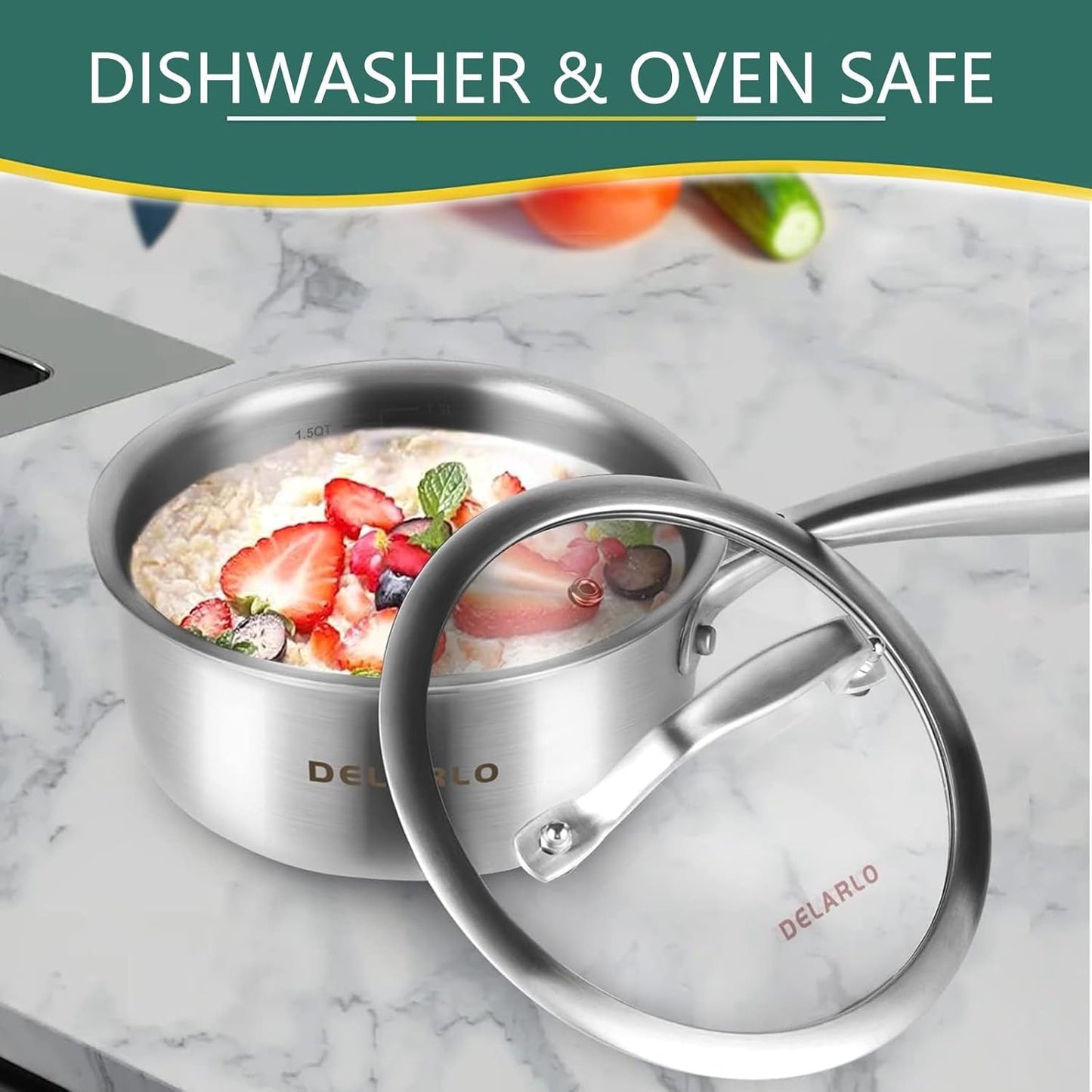 DELARLO Tri-Ply Stainless Steel Induction Saucepan, 1.5 QT with Lid, All Stove Compatible 600, Small Pots for Cooking, Heavy Duty Saucier, Dishwasher Safe