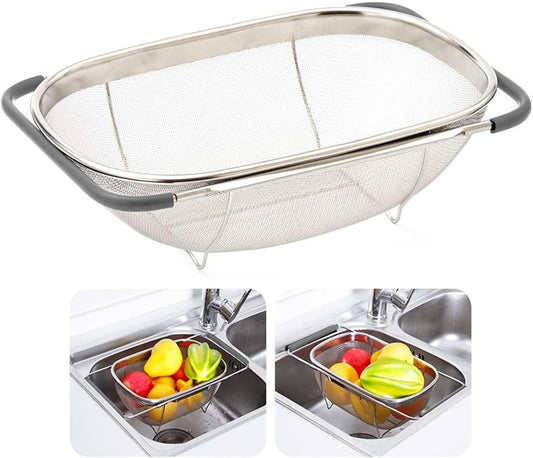 Over The Sink Colander, 6 Quarts Stainless Steel Oval Colander with Expandable Rubber Grip Handle, Fine Mesh Strainer Baskets Kitchen Colanders for Strain, Drain, Rinse Vegetables, Fruits, Grey