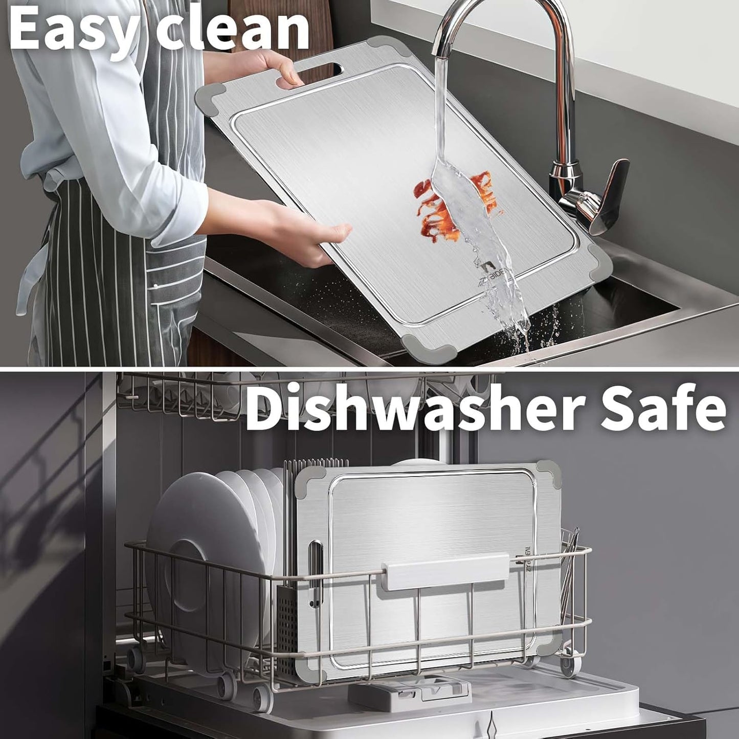 100% Pure Titanium Cutting Board with Grooves, Update Double Side Titanium Chopping Board, Silicone Anti-slip Stainless Cutting Boards for Kitchen 12 * 18 IN, Grey