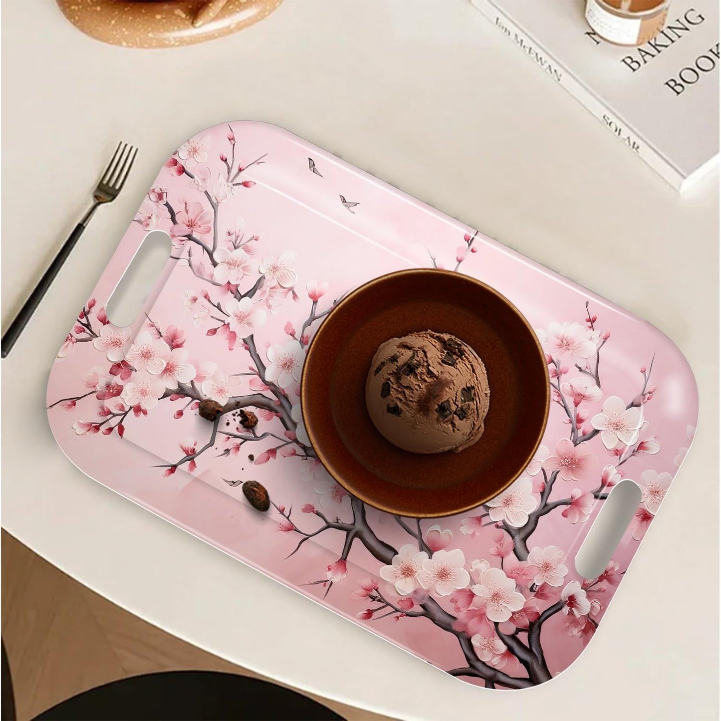 Serving Trays with Handles, 14.5 x 9.8 inch Rectangular Plastic Tray for Restaurant, Kitchen, Pink Cherry Blossom