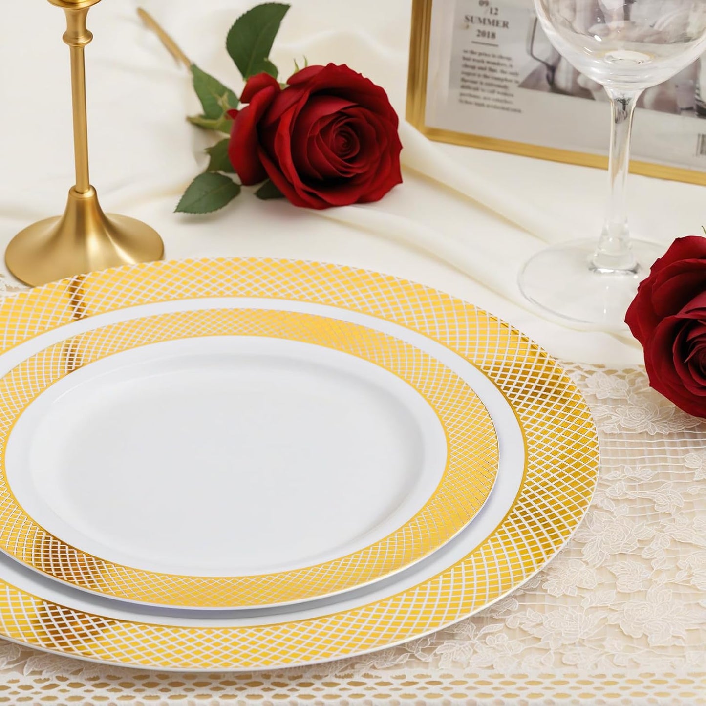 I00000 102 Pcs Gold Plastic Plates, Disposable Party Plates Include 51 Gold Dinner Plate 10.25’’ and 51 Disposable Dessert Plate 7.5’’ Perfect for Party & Wedding