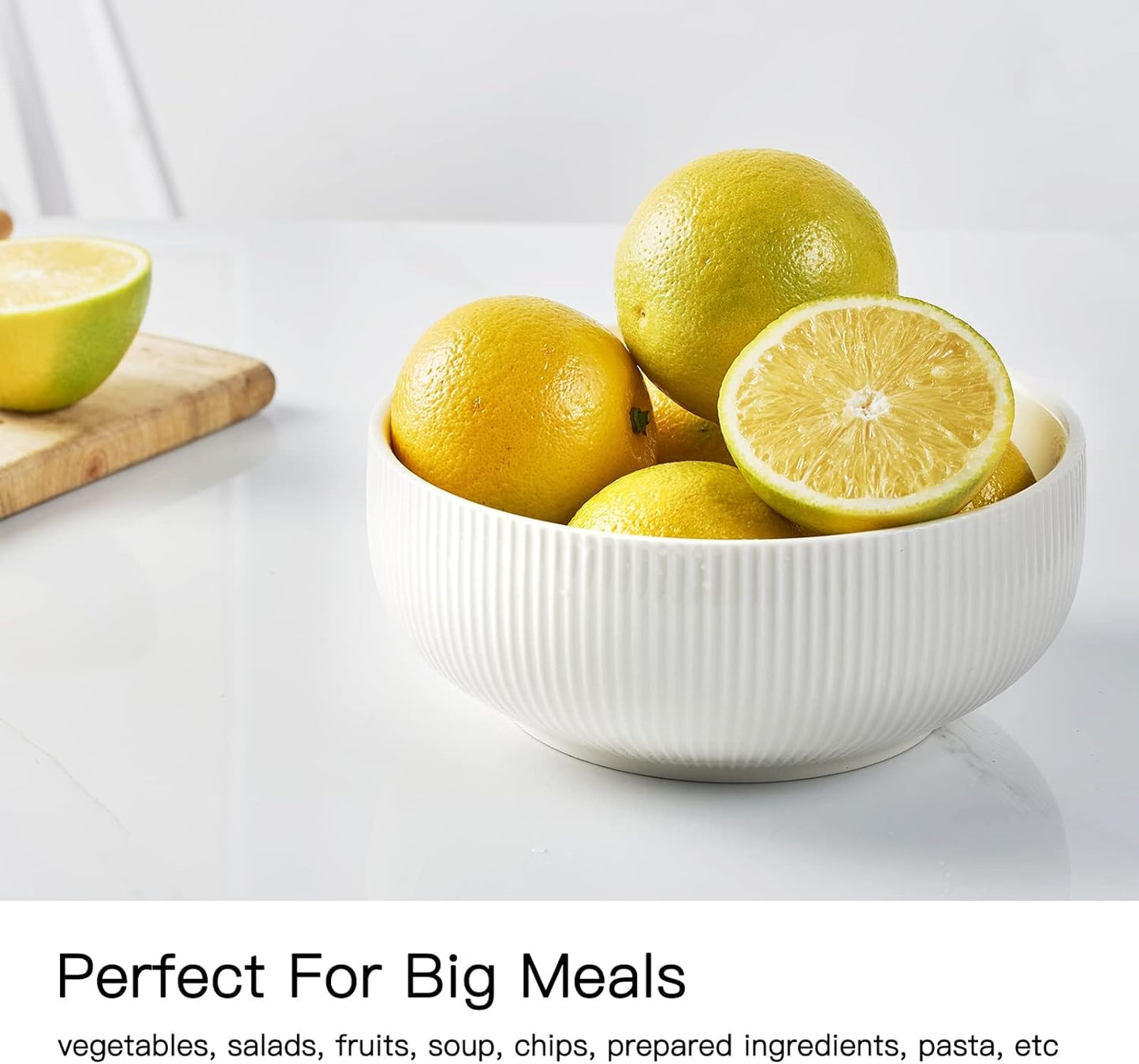 getstar Salad Bowl, 8 inch 60 oz Large Serving 2 Packs Ceramic Bowl Set, Microwave & Freezer Safe, Bowl Set of 2 For Fruit Soup Pasta Popcorn (White)